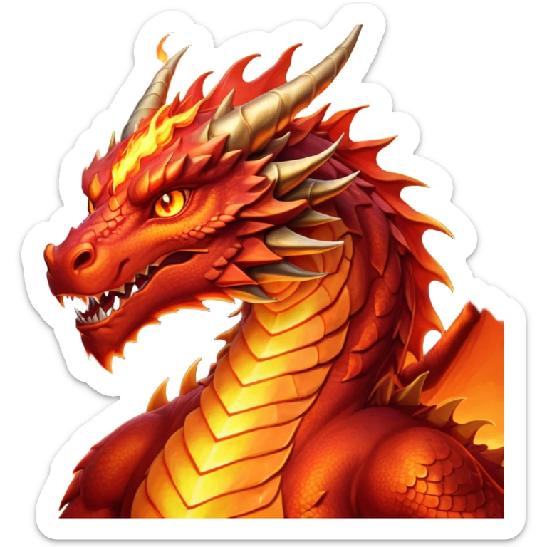 cinematic-noble-fierce-fire-dragon-portrait-emoji,-poised-and-imposing,-with-a-muscular,-scaled-body-ablaze-in-fiery-hues-of-crimson,-molten-orange,-and-molten-gold,-and-intense,-burning-eyes-that-mirror-the-heart-of-a-volcano;-rendered in detail sticker