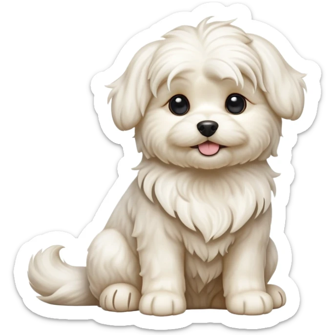 detailed-[wavy haired maltese-dog]-realistic-full-body-sitting-emoji,-tail-resting-loosely-beside-its-paws,-head-tilted-dramatically,--wavy-[cream-white]-fur,-simplified-yet-realistic-focused-features,-highly-detailed,-glowing-with-an-almost-sarcastic sticker
