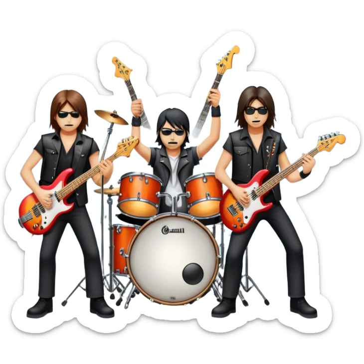 Icon for Metal Music: metal band on stage with 4 musicians playing electric guitars, bass, and drums. The atmosphere is intense, with flashing lights, smoke, and energetic stage presence. The vibe is powerful and electric. Transparent background. sticker