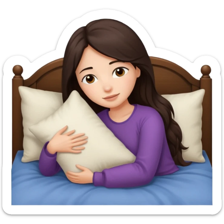 Mujer de pelo cafe oscuro y largo, y tez blanca. Ella esta en su cama abrazando su almohada porque ya se va a dormir sticker