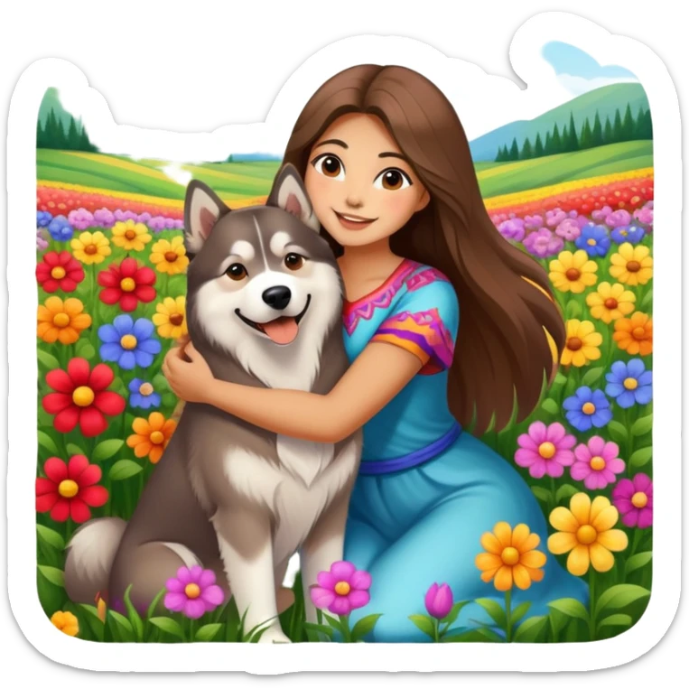 A beautiful girl with long straight hair happily hugs an Alaskan dog in the flowers sticker