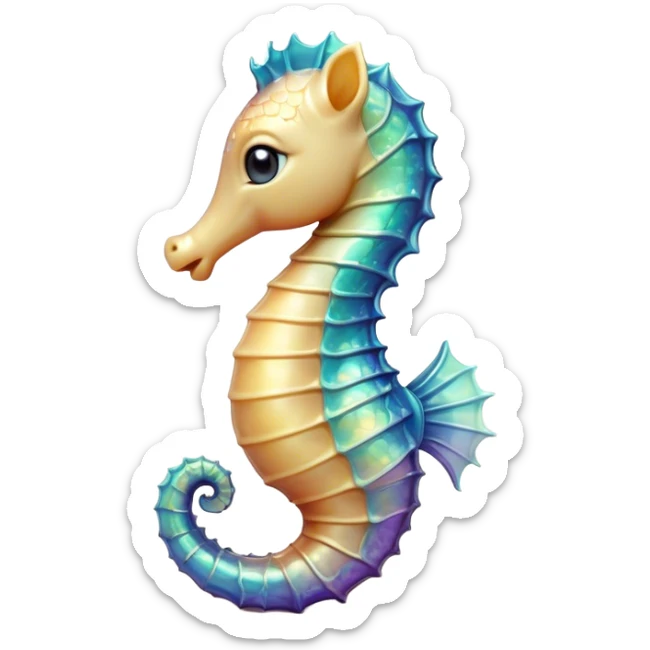 Cinematic Realistic Cute Sea Horse Portrait Emoji, Head tilted playfully and inquisitively, featuring a delicate, curvaceous form with intricately rendered, iridescent scales and a charming, expressive face with round, sparkling eyes full of gentle curiosity, high shine, affectionate and whimsical, styled with a touch of aquatic magic, soft glowing outline, capturing the essence of a mischievous yet lovable sea horse that seems poised to flutter out of the screen into your embrace! sticker