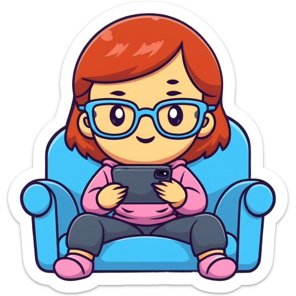 A cute young girl with glasses sitting on a couch, happily playing a mobile phone game with a cheerful expression sticker