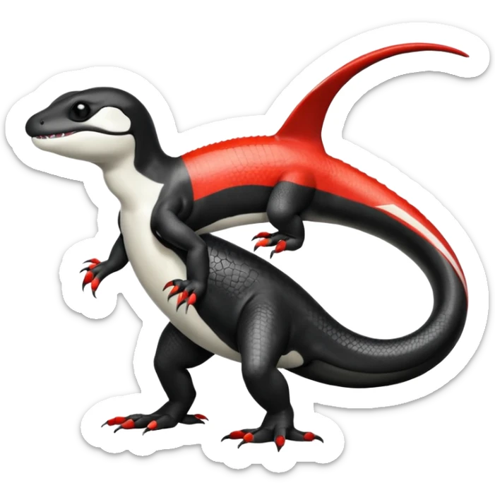 Black and white Orca-reptile-reptilian-lizard-skink-gecko-Digimon-Fakémon-hybrid full body, two legs, two arms, claws, tail, with red stripe sticker