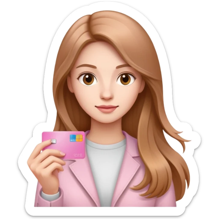 Femme au cheveux long et châtain qui tient une carte bancaire rose clair  sticker
