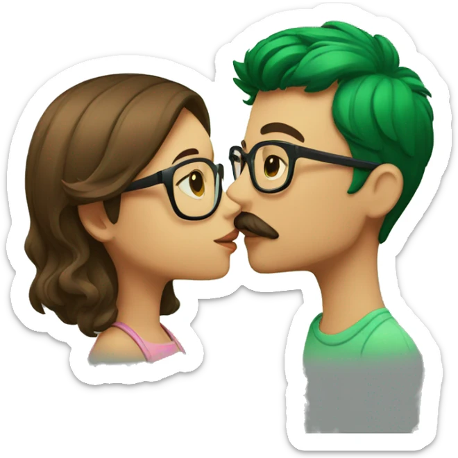 A boy with brown hair and a mustache is kissing a green haired girl wearing glasses sticker