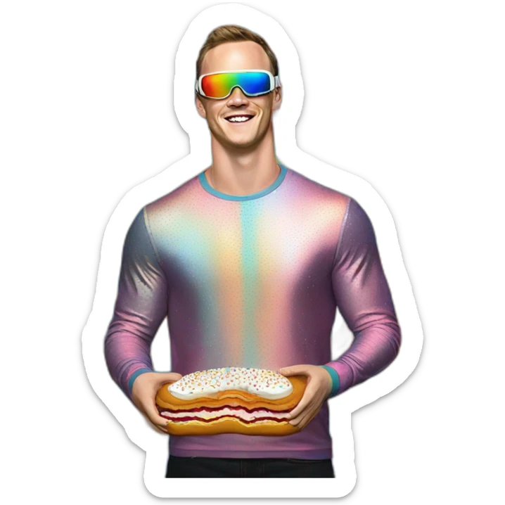 Fancy disco Jonathan Toews wearing rainbow lace shirt and wearing VR glasses and eating a moon pie sticker