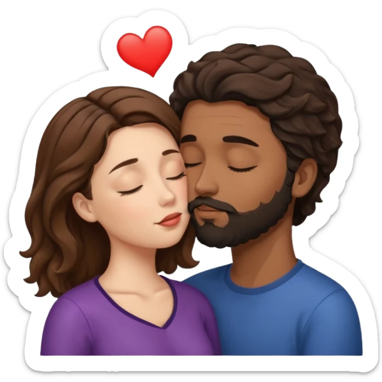 White woman (brown hair with eyes closed) kissing the top of the head (forehead) of brown man with black wavy hair (has a a beard with his eyes closed too) sticker
