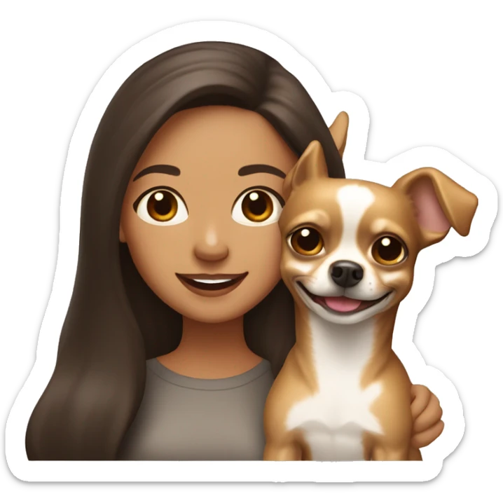 light skin woman with long dark brown hair expressing joy alongside a light brown chihuahua sticker