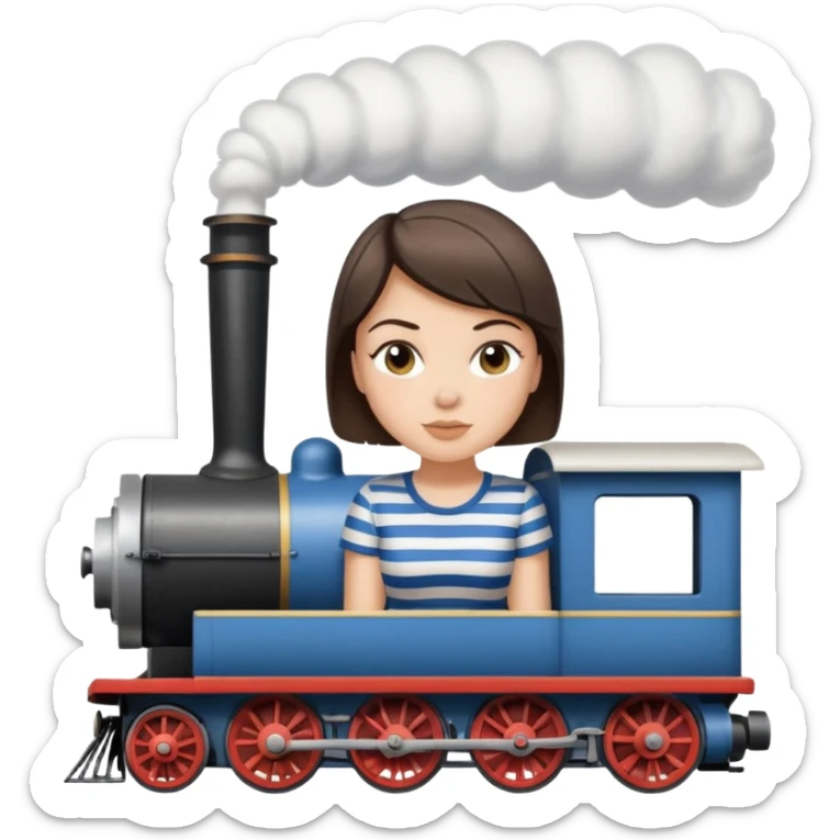 Pretty, sexy, slightly curvy white woman with short dark brown hair, wearing a blue and white striped tee shirt, riding a steam train sticker