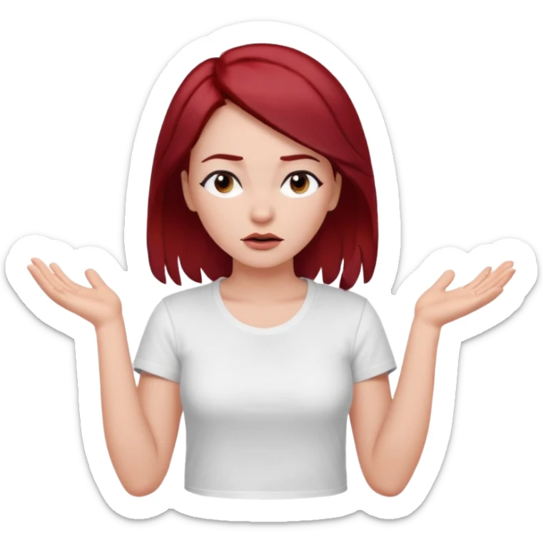 younger woman shrugging, eyes closed, white t-shirt, dark red hair, black eyebrows sticker