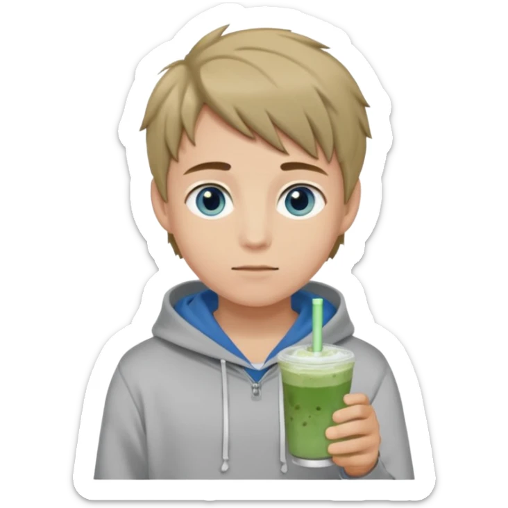 Boy who holds iced matcha has blue eyes and dark blonde hair. Wears grey hoodir sticker