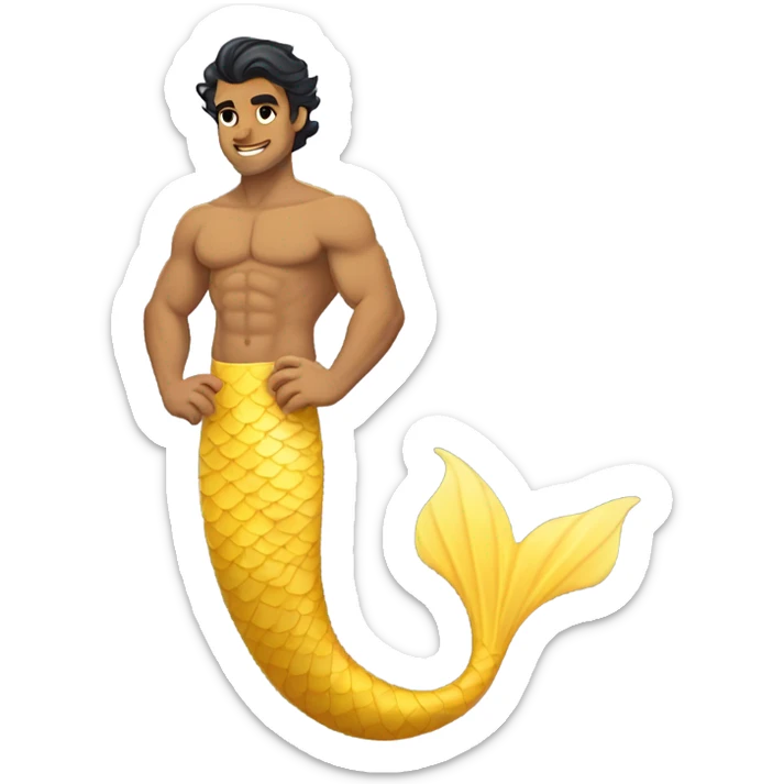 Tan muscular merman with yellow mermaid tail, dark hair and stubble  sticker