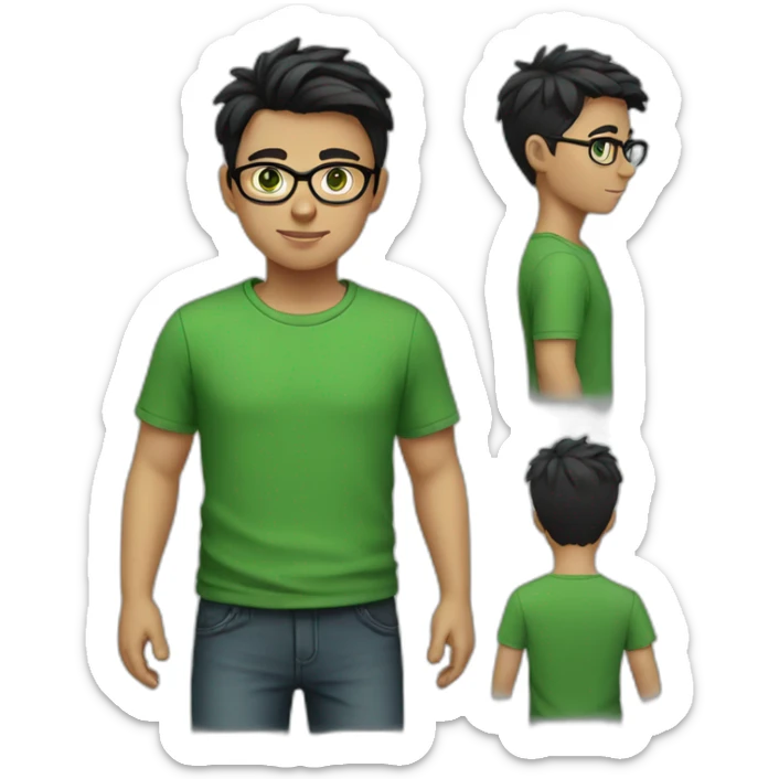 Boy with green eyes, glasses, with black short hair, with green T-shirt sticker