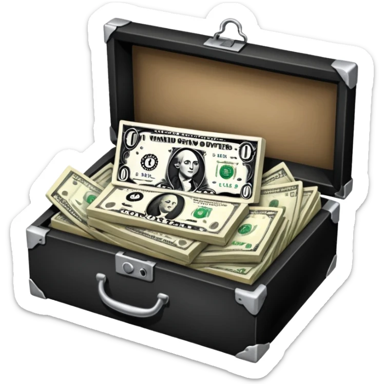 a bunch of miscellaneous stuff in a box, with a small pile of cash note on the side, indicating that this box is for sale sticker