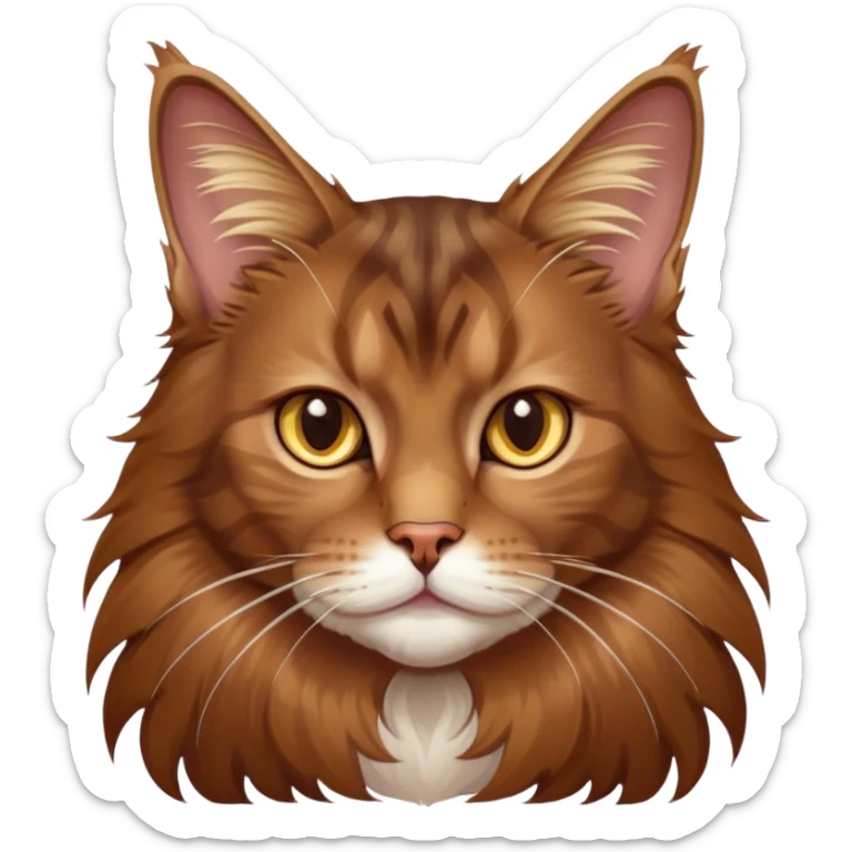 Cinematic Brown Maine Coon Cat Portrait Emoji, Elegant and alert, sleek brown and gold tones with hints of deep auburn, Simplified yet sharp features, highly detailed, glowing with a warm, confident glow, high shine, intelligent and poised with an air of wisdom, stylized with an air of grace, focused and attentive with a calm, old soul expression, soft glowing outline, capturing the essence of experience and majesty, so lifelike it feels as though it could spring into motion at any moment, radiating wisdom and grace. sticker