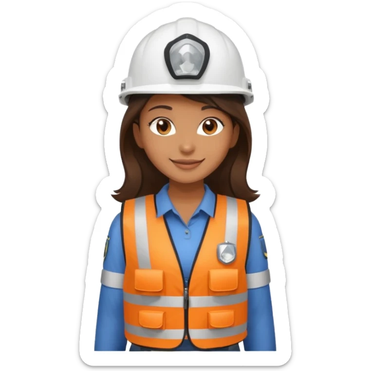 Brunette brown Girl full body standing with her white security helmet and security vest that fits her big on, also with her black backpack sticker