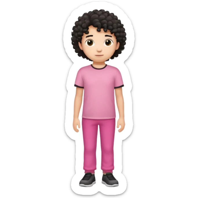 Kid boy wearing pink T-shirt, black curly hair, full body sticker