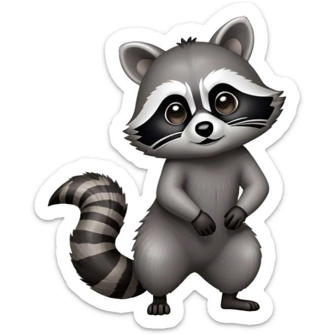 Cinematic-Raccoon-Realistic-Full-Body-Standing on all fours-Emoji – Tail flicking lazily, head tilted dramatically, thick grey fur with a signature black mask, sharp and alert ears, simplified yet realistic focused features, highly detailed, glowing with an almost sarcastic glow. sticker