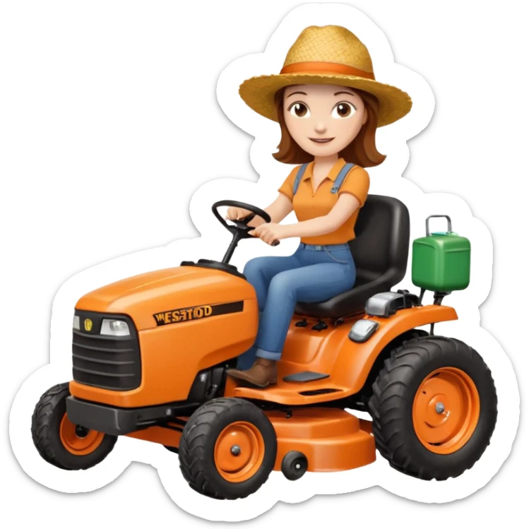 White woman with brown hair, without glasses wearing a straw hat, on old orange ride on lawn mower, holding a beer with one hand and holding the steering wheel with the other hand. Woman is smiling. Lawn mower has “Westwood” written on the engine cover sticker