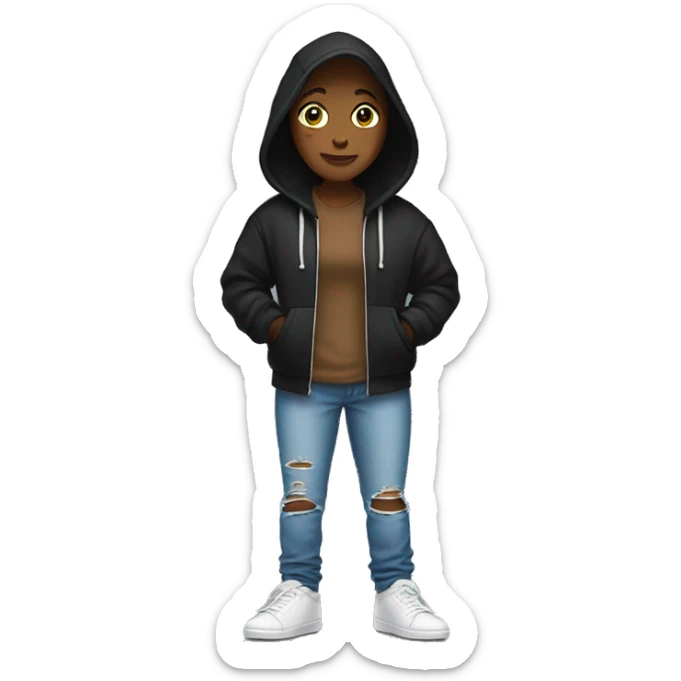 Full body women wearing a black hoodie and ripped blue jeans, white hightop shoes and brown long hai sticker
