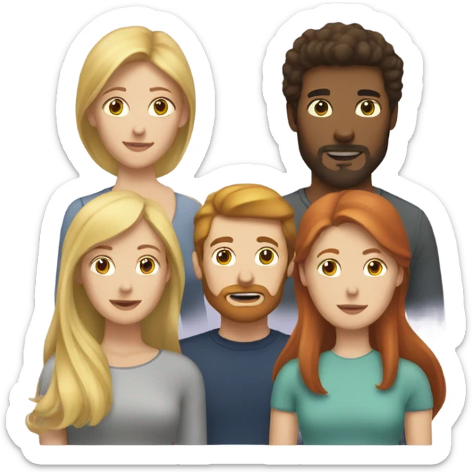 A Blonde woman, a redhead woman and a brown haired man with a short beard sticker