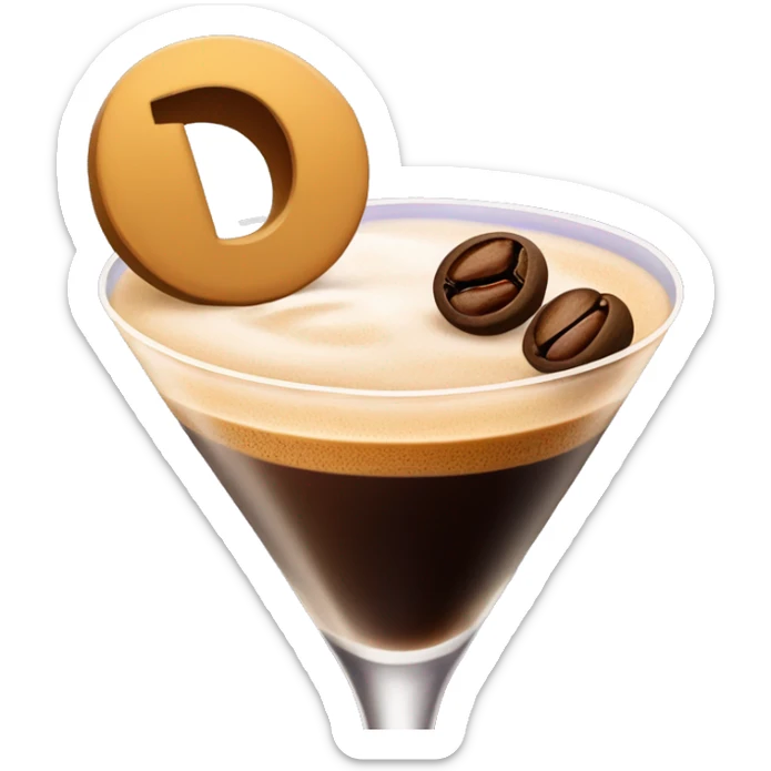 Espresso martini with the letter d in the foam and a espresso bean garnish sticker
