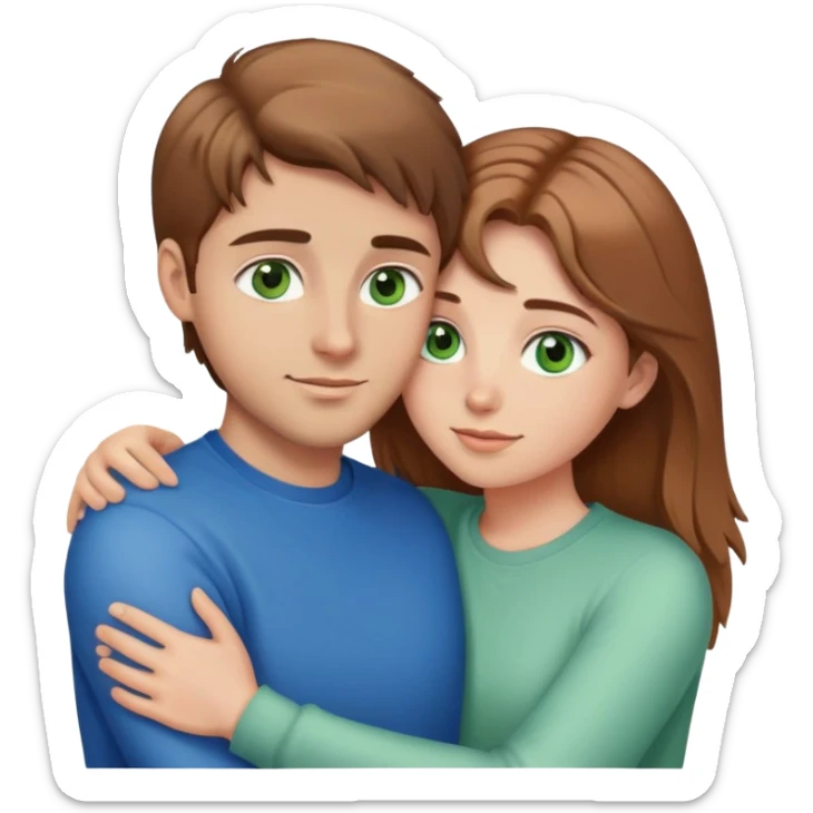 cute couple hugging, girl with light brown hair and green eyes, guy with brown hair and blue eyes sticker