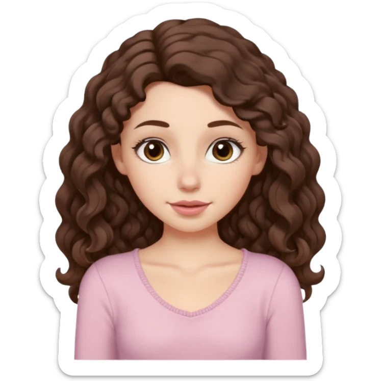 Aesthetic white girl with really long wavy/curly hair color dark brown, hair most be in front of the shoulders (hair in front of the shoulders). Big almond shape eyes color brown, small wide nose, natural lips, sweet expression. Dressed with a cute tight top color light pink. sticker