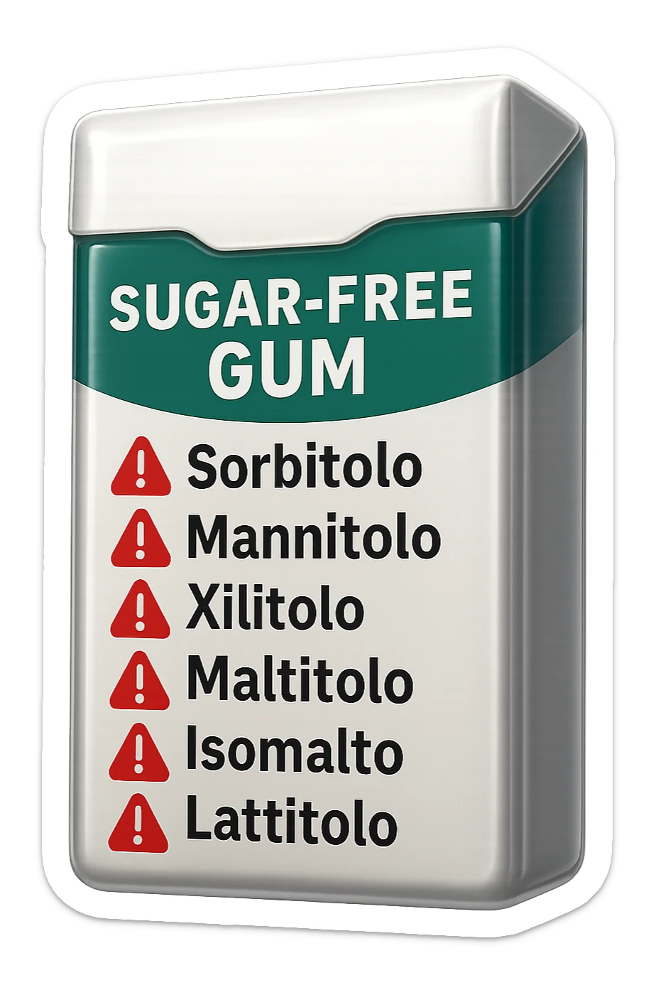 SU QUESTO STILE FAI UN EMOJI STILE IPHONE 3D DI UN pacchetto di gomme senza zucchero con ETICHETTA CON GLI INGREDIENTI SCRITTI, "sorbitolo, mannitolo, xilitolo, maltitolo, isomalto, lattitolo" accanto ad ogni nome scritto mettici un segnale di allarme, FALLO MOLTO REALISTICO IN 3D sticker