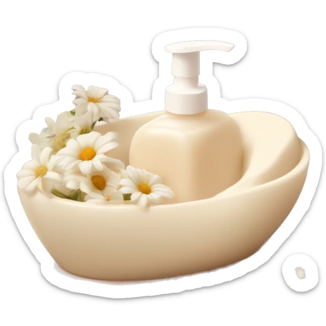 hand soap, delicate milky color, with vanilla aroma, in a beige soap dish with flowers. sticker