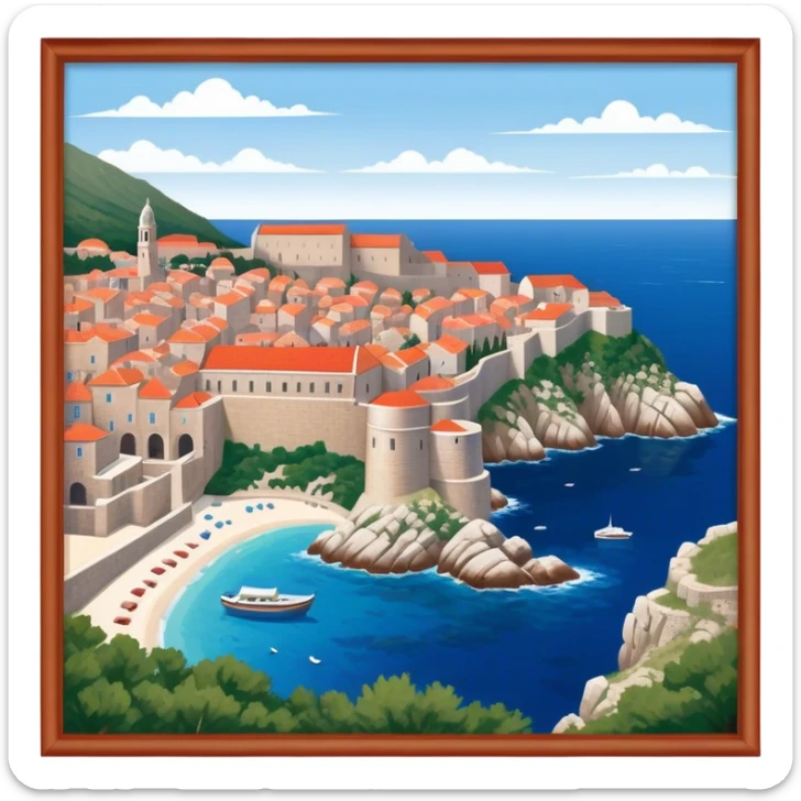 Dubrovnik – Cinematic Realistic Dubrovnik, depicted as a stunning coastal city with red-tiled roofs and ancient stone walls, set against the deep blue Adriatic Sea under warm Mediterranean light, rendered with rich textures that capture its enchanting beauty. sticker