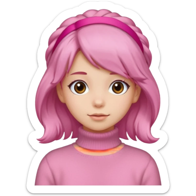 brown fluffy haired girl with pink turtleneck sweater and pink hair band sticker