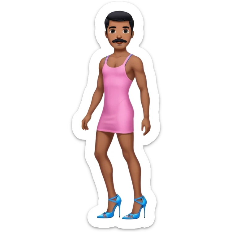 Man in a pink mini dress and blue strappy high heels with black hair and black mustache and brown skin sticker