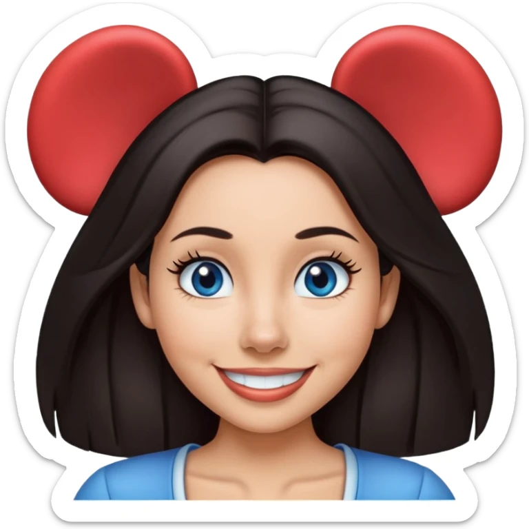 Blue eyes Dark straight medium hair woman happy wearing Mickey Mouse ears from Disney world  sticker