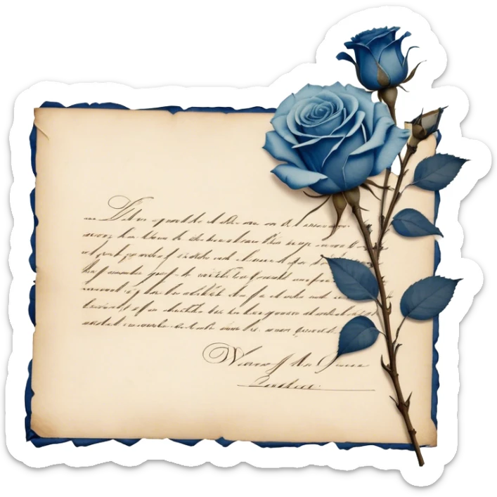 An antique handwritten letter with dried light blue roses and a navy wax seal, vintage aesthetic. sticker