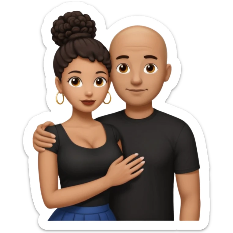 A picture of a tanned couple with the man's arm around her. the man is a Mexican man with tanned skin, a bald hair cut, short beard and wearing a black shirt. the woman is mixed, with curly dark brown hair in a big bun and with big boobs  sticker