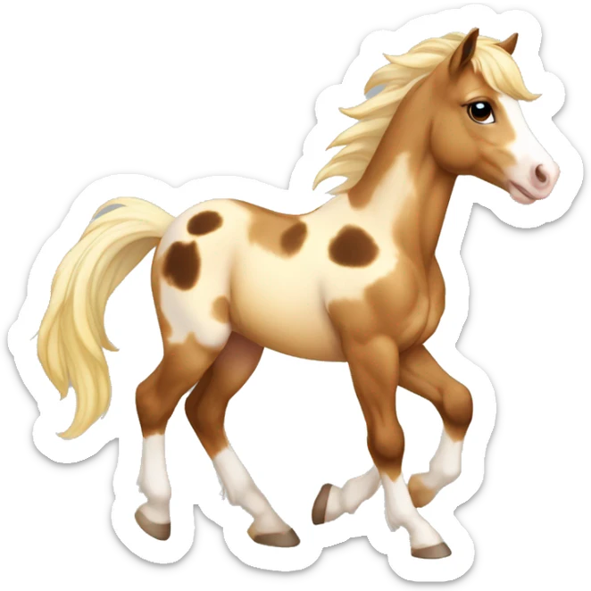 Piebald tricolor palomino yellow brown horse foal with dark brown spots baby running sticker