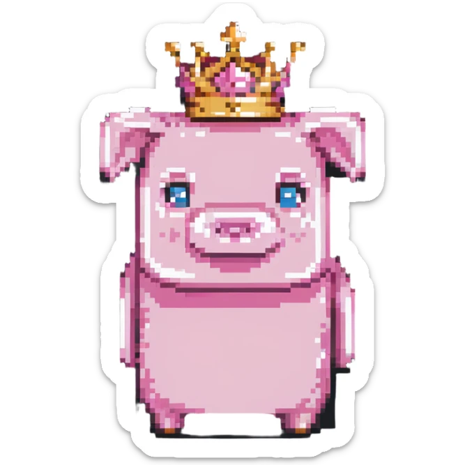 minecraft pig full body pink blocky animal square head square body wearing a crown sticker