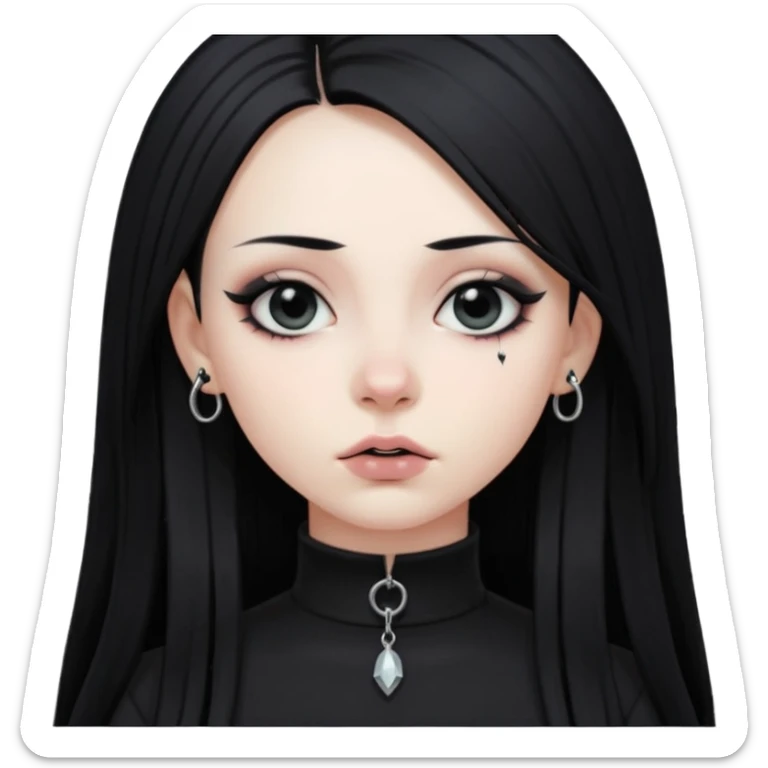goth girl, straight long black hair, vertical labret lip piercing, black mock neck shirt sticker