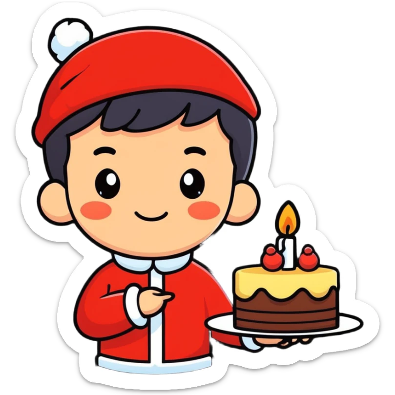 An Asian boy holding a small cake with a candle, Santa Claus in the background sticker