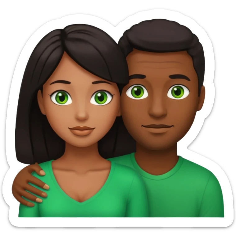 black man and woman with dark hair and green eyes embracing, emoji style sticker