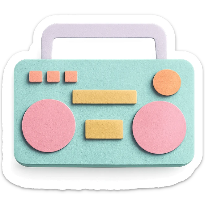 small portable boombox in paper-craft style with pastel colors and simple design sticker