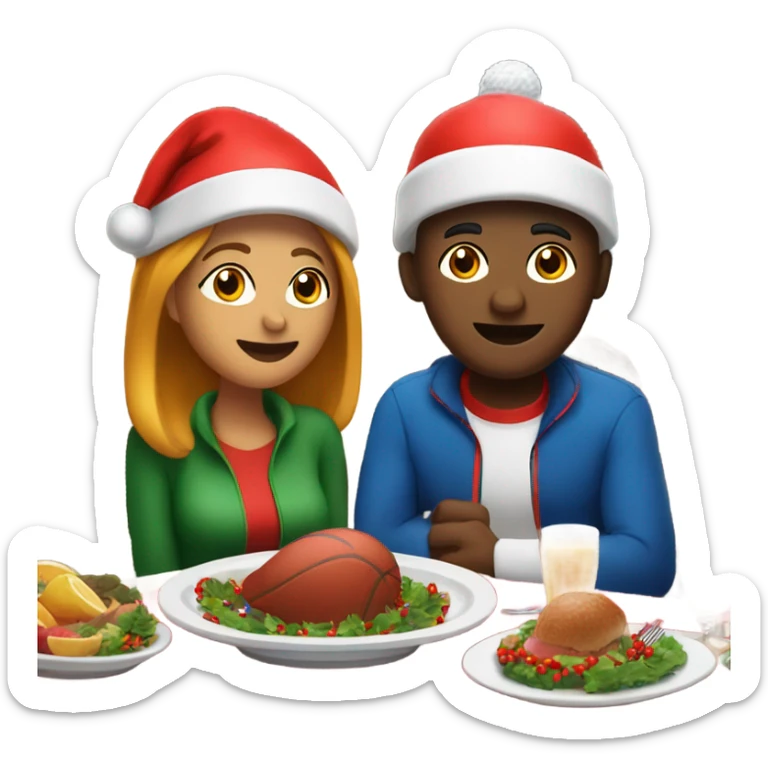Sports emoji couple, man and woman in sportswear, sitting at the New Year's dinner table with a red Christmas hat sticker