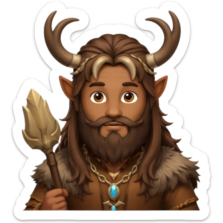 Pan, God of the Wild from Gods and Goddesses with long brown hair and beard, brown fur outfit and horn sticker