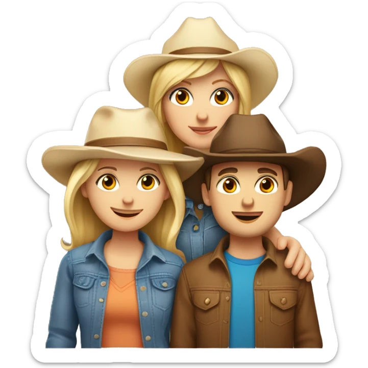 Caucasian family of five, all with cowgirl hats on, 2 blonde teenagers, 1 light brown haired mom, 1 little boy with brown hair and a brown hair dad sticker