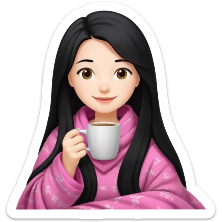 pretty girl with very long black hair, cozy in a pink blanket, drinking coffee sticker