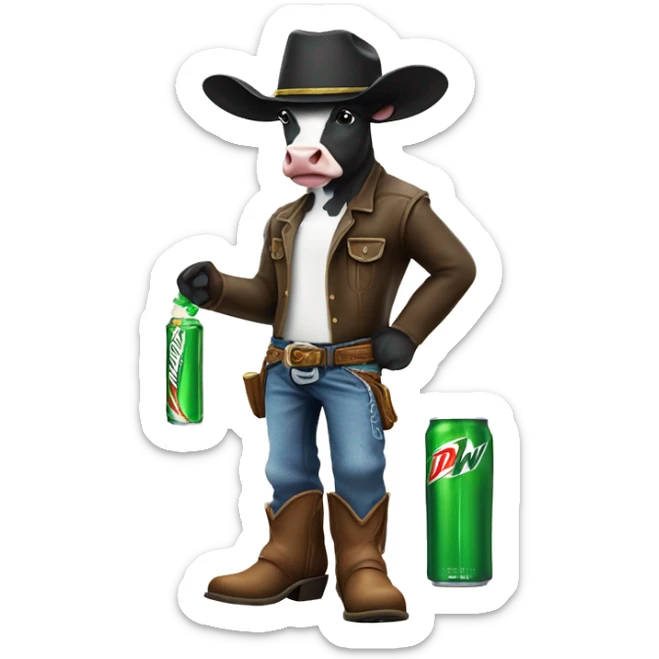 Cow holding a mountain dew in its hand and wearing jeans boots and a cowboy hat sticker