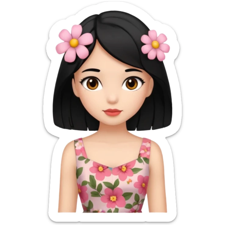 Pretty cute girl wearing a coquette dress, black hair with cute flowers, brown eyed sticker