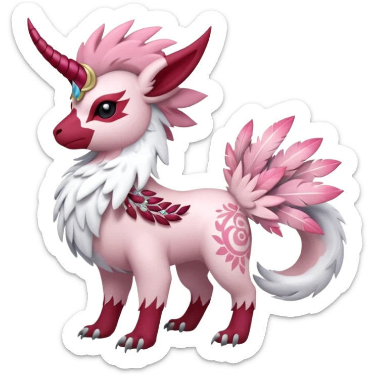 Floral feathery pastel pink and ruby-jewelry-adorned Absol-Amaura-fusion-Fakemon-animal-creature  sticker